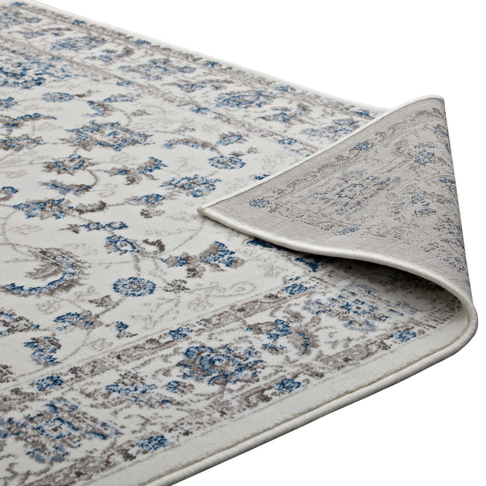 Ivory and Moroccan Blue Lilja Distressed Vintage Persian Medallion 5x8 Area Rug