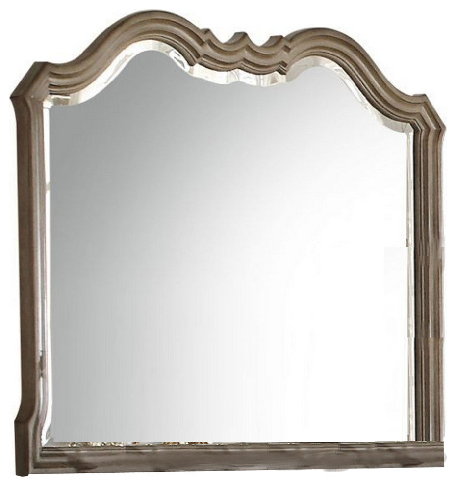 Benzara BM231656 Wooden Frame Mirror With Scalloped Design Top, Taupe Brown