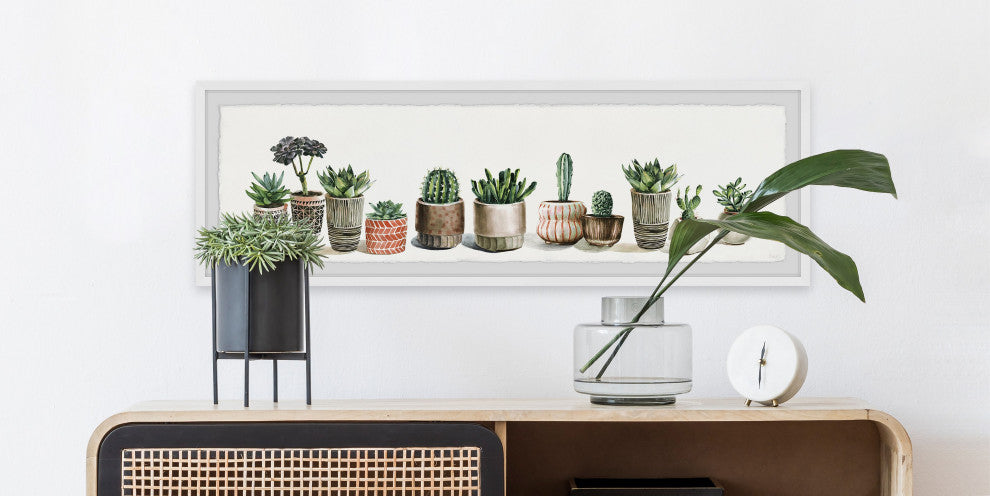 "Colored Pots and Cactus" Framed Painting Print, 30"x10"