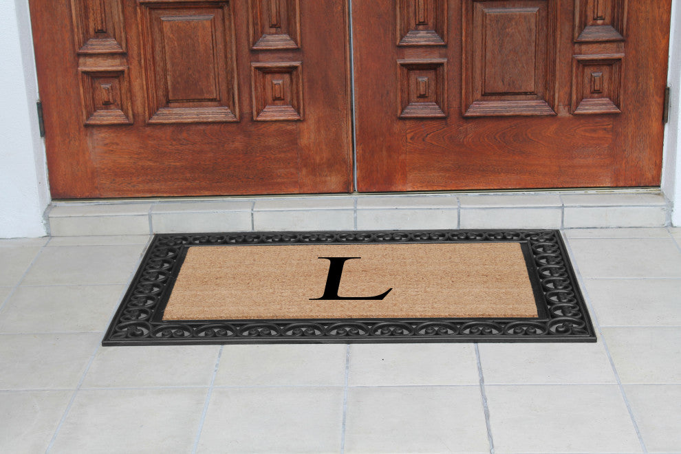 A1HC Black Rubber and Coir Paisley Border Monogrammed Double Doormat, 30"X48", L