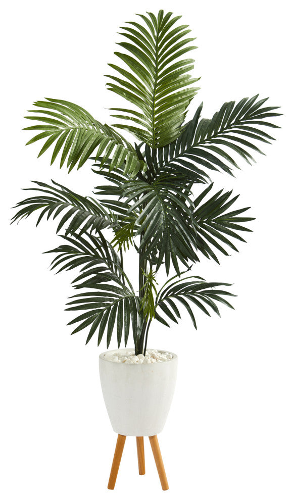 69" Kentia Artificial Palm Tree, White Planter With Stand