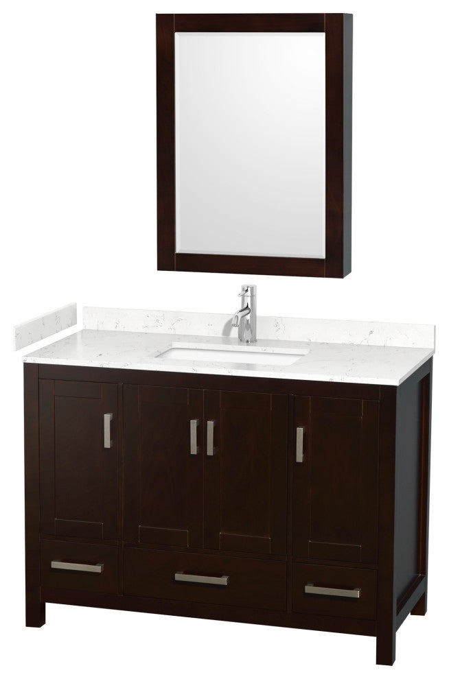 48"SGL Vanity Espresso, Carrara Cult. Marble Countertop, Sink, Med. Cabinet
