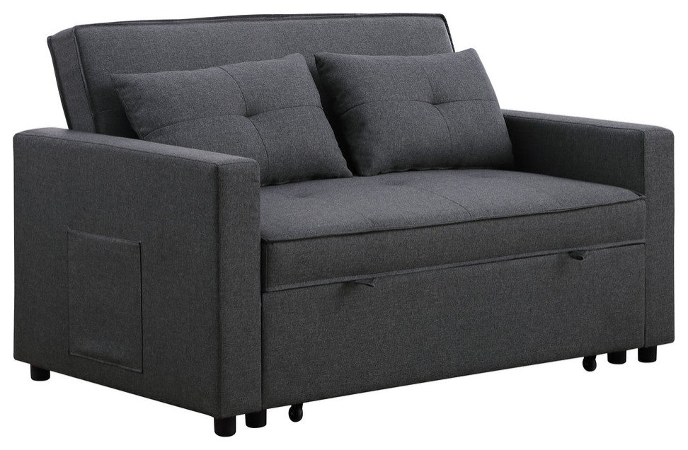 Zoey Linen Convertible Sleeper Loveseat With Side Pocket, Dark Gray