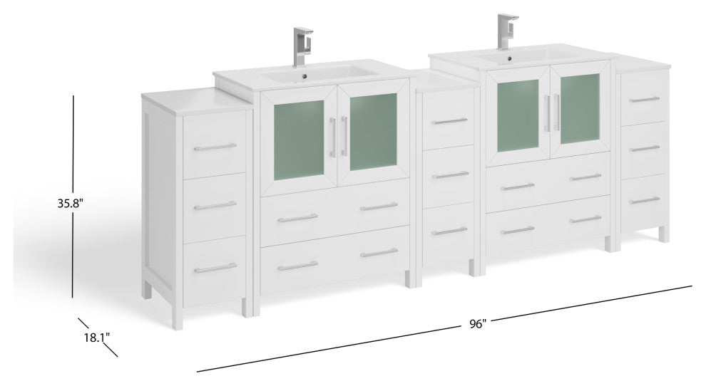 The Pullman Bathroom Vanity, White, 96", Double Sink, Freestanding