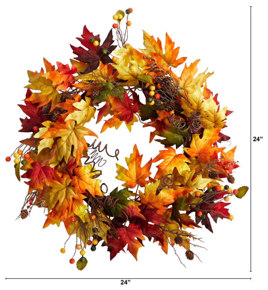 24" Autumn Maple Leaf and Berries Artificial Fall Wreath With Twig Base