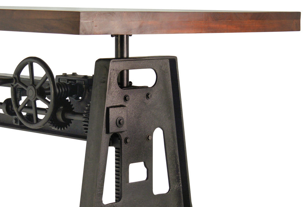 Industrial Dining Table - Cast Iron Base - Adjustable Height Crank - Walnut