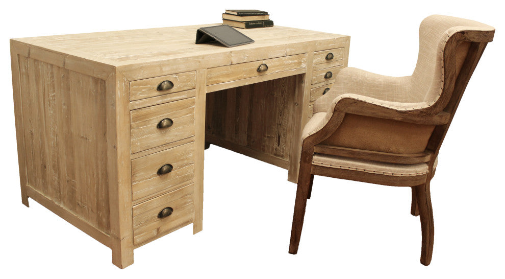 Manhattan Beach 2-Piece Office Set w/ 12-Drawer Desk and Natural Arm Chair