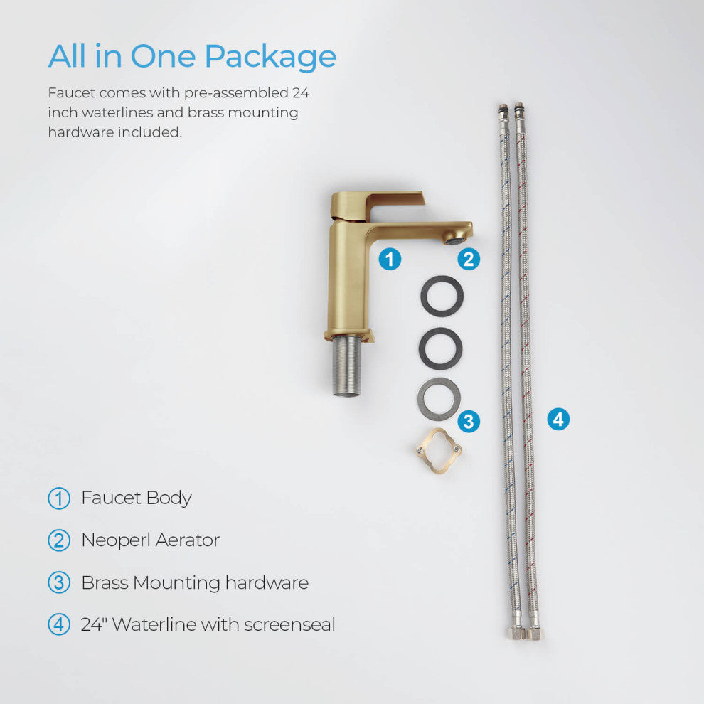 KIBI Mirage Single Handle Bathroom Faucet, Brush Gold, With Drain