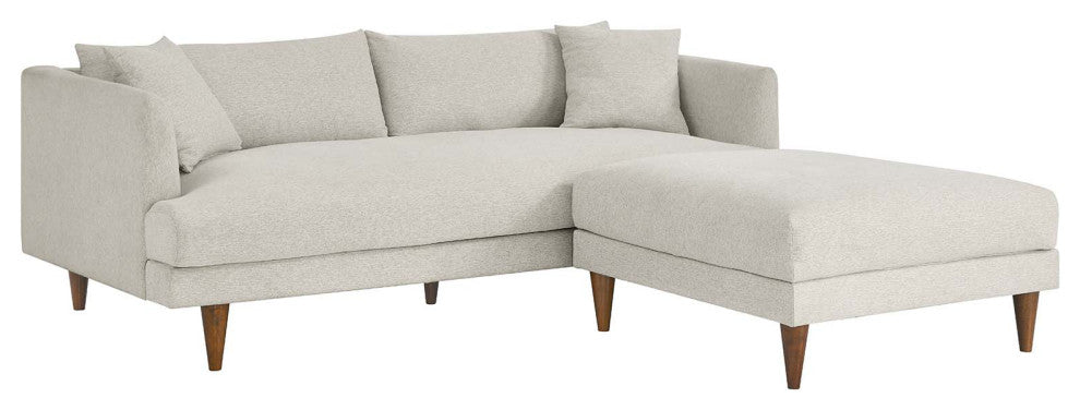 Zoya Down Filled Overstuffed Sofa and Ottoman Set, Heathered Weave Ivory