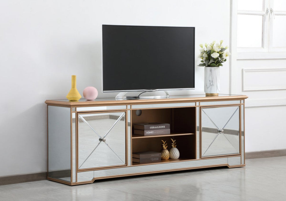 Elegant MF60172G Modern 72" Mirrored Tv Stand, Antique Gold
