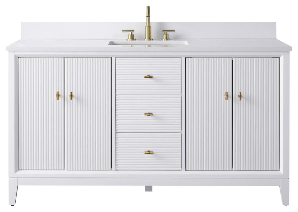 Vanity Art Bathroom Vanity with Engineered Marble Top and Sink, White, 60", Golden Brushed