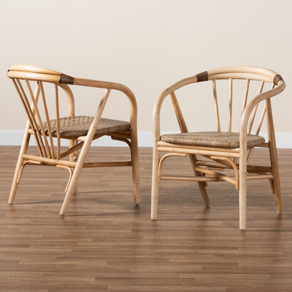 Kyoto Modern Bohemian Natural Brown Rattan 2-Piece Dining Chair Set