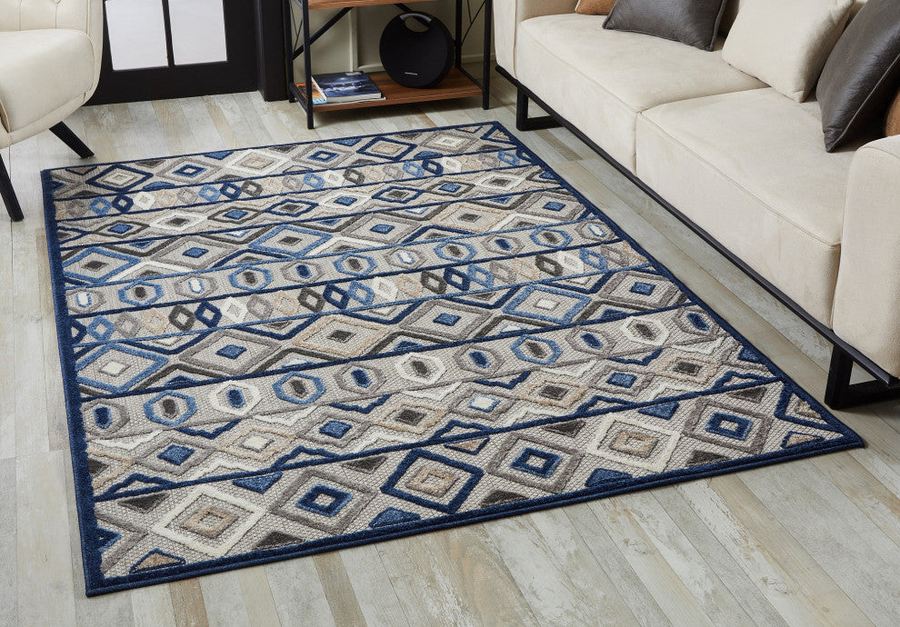 Calla Aztec Indoor/Outdoor Rug, Grey/Blue, 6'7 X 9'