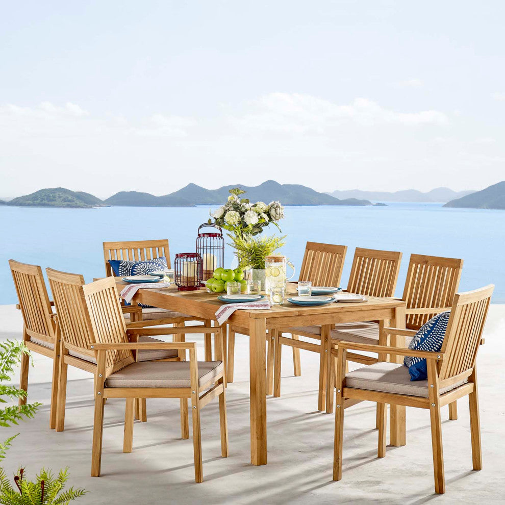 Side Dining Chair and Table Set, Wood, Brown Natural Taupe Gray, Modern, Outdoor