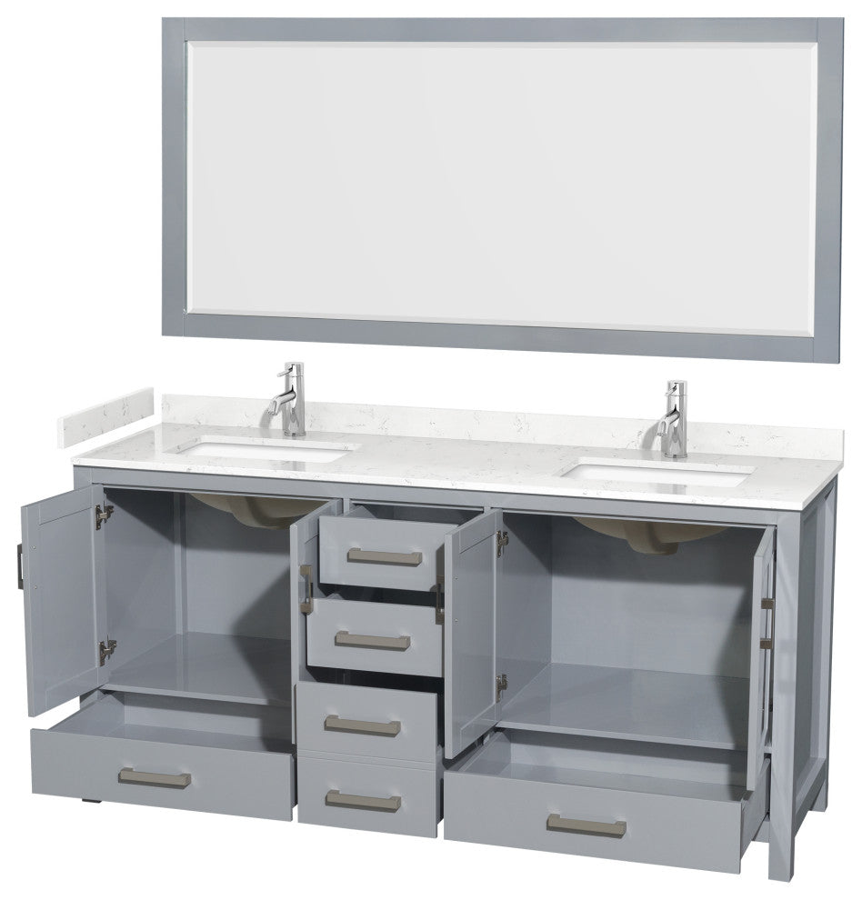 72"DBL Bathroom Vanity Gray, Carrara Cult. Marble Countertop, Sinks, 70" Mirror