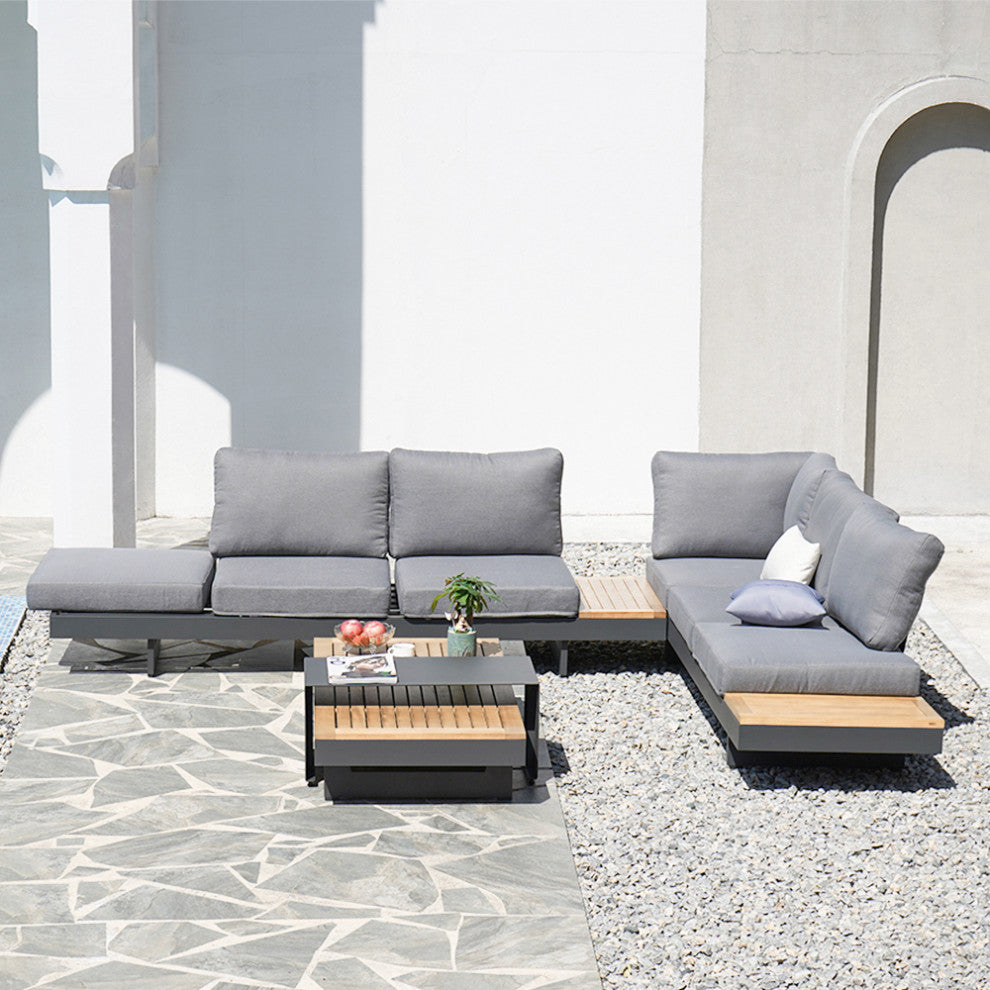 4 Pieces L Shape Outdoor Sectional Sofa Set with Wood Coffee Table in Gray