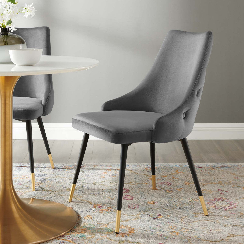 Tufted Side Dining Chair, Velvet, Gray, Modern, Cafe Bistro Restaurant