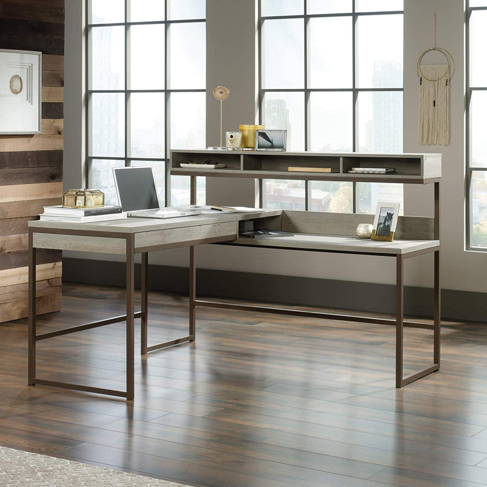 L-Shaped Desk, Metal Frame and Integrated Hutch With 3 Open Cubbies, M