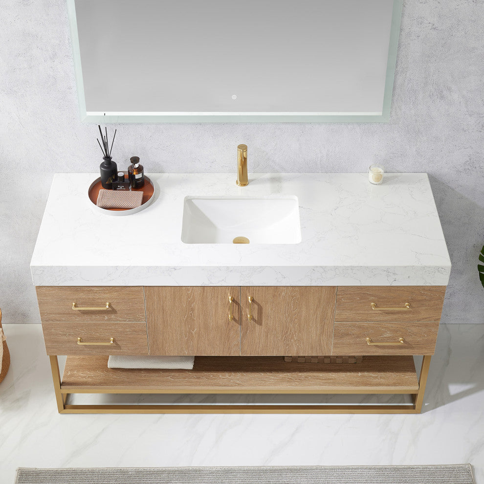 Alistair Vanity, North American Oak With Countertop, 60", With Mirror