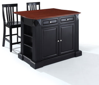 Drop Leaf Breakfast Bar Top Kitchen Island, Black, 24" Black School House Stools