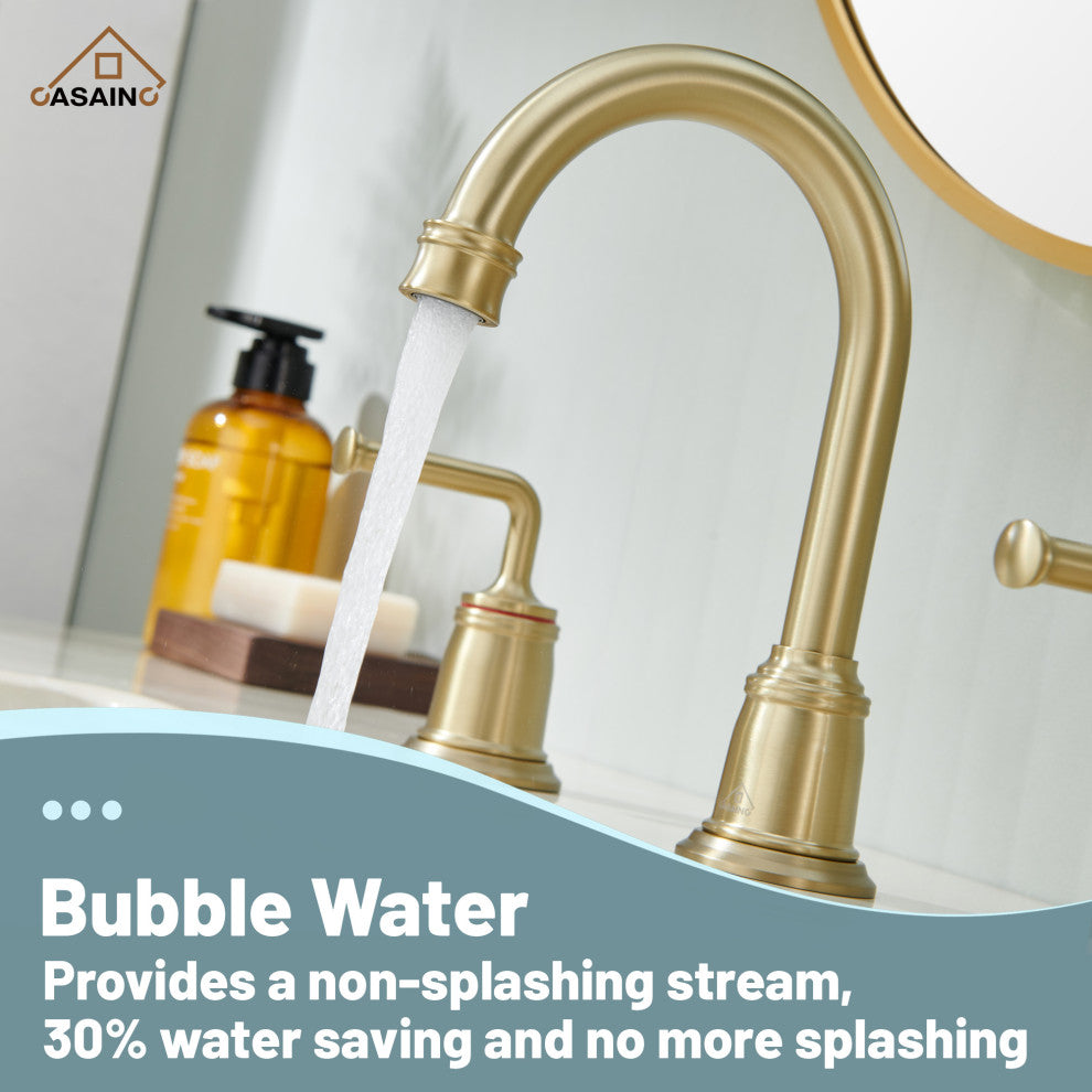 8in Brass Bathroom Sink Faucet 2 Handle 3 Hole Gold Bathroom Faucet, Brushed Gold