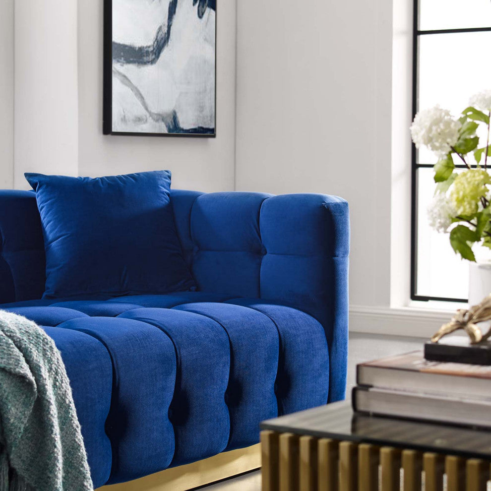 Modern Designer Lounge Lobby Sofa, Velvet Fabric Metal Steel, Navy Blue