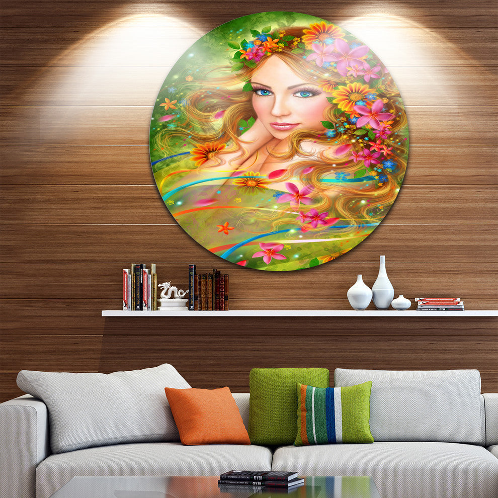 Fairy Woman With Colorful Flowers, Floral Disc Metal Artwork, 11"