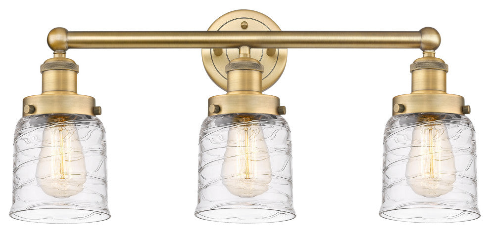 Edison Small Bell 3-Light 25" Bath Vanity Light, Brushed Brass, Clear Deco Swirl