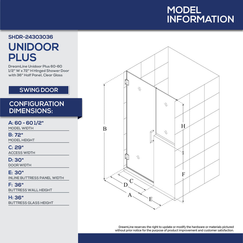 Dreamline Unidoor Plus 60, 60 1/2"x72" Hinged Shower Door