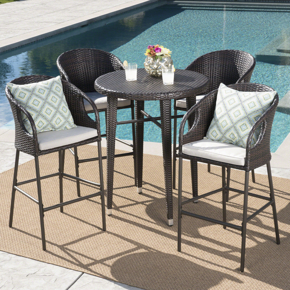GDF Studio 5-Piece Big Rock Outdoor 41" Wicker Bar Set With Cushions