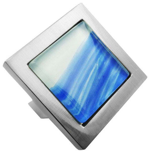 Hand Brushed Blue Tilted Stroke Crystal Glass Brushed Nickel Square Manor Knob