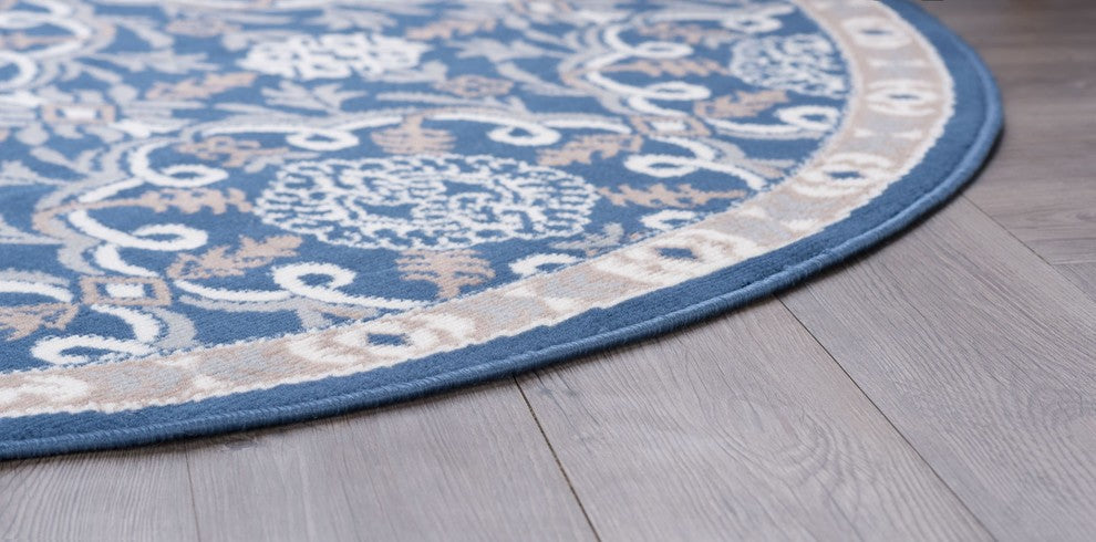 Izel Traditional Brocade Area Rug, Navy, 7'10'' Round
