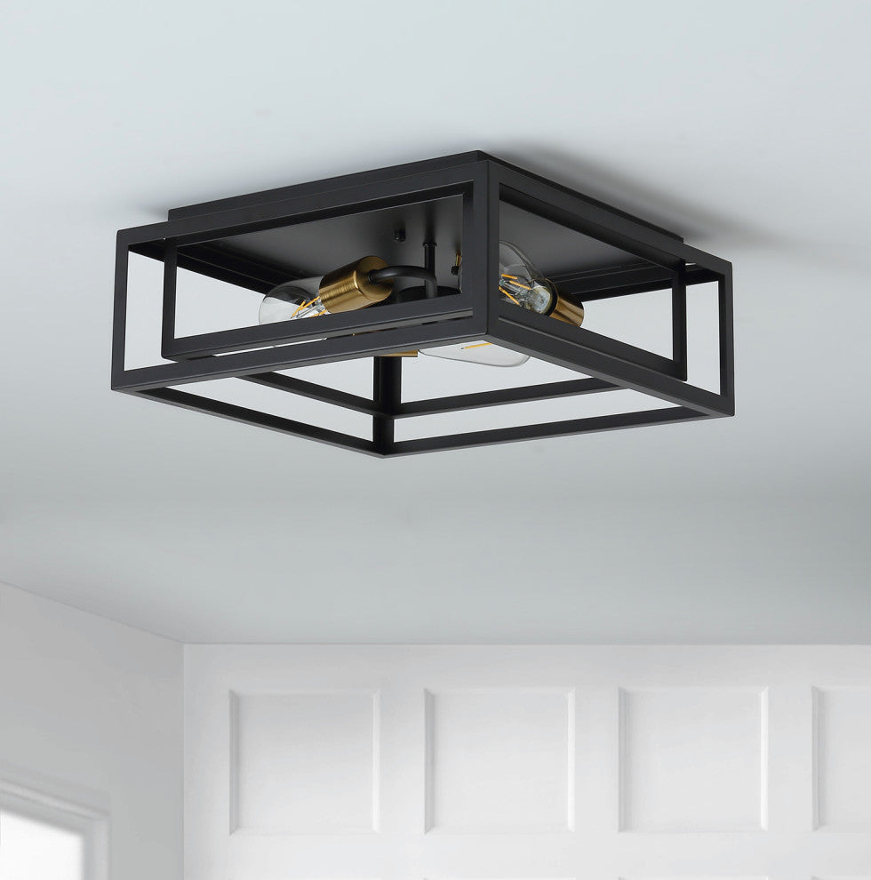 3-Light Farmhouse Caged Geometric Metal Frame Flush Mount Light