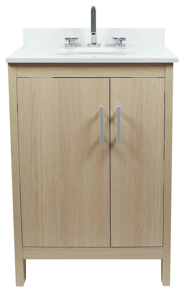 Single Vanity, Neutral Finish Top With White Engineered Stone And Oval Sink, 25"