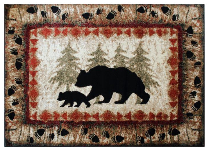 Ursus Collection Rustic Lodge Black Bear and Cub Area Rug with Jute Backing, Brown, 5' X 7'