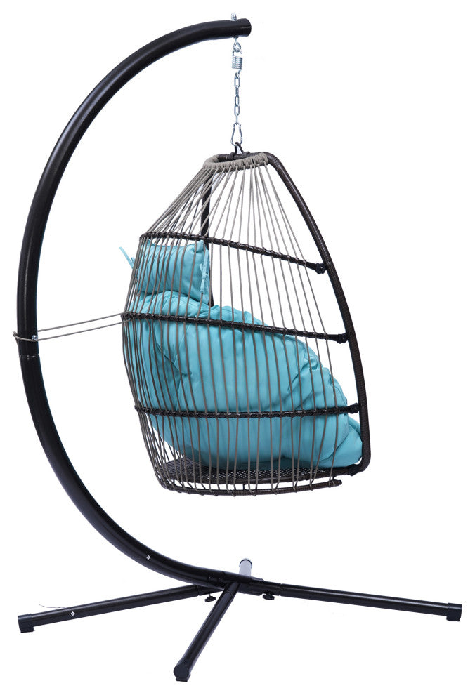 Outdoor Patio Wicker Folding Swing Chair Hanging With Bracket and Cushion Pillow