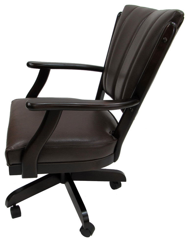 Caster Dining Chair On Wheels Solid Wood, Classic, Brown Vinyl Dark Cherry