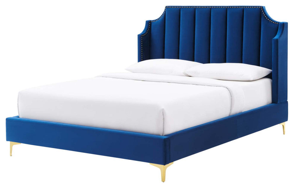 Platform Bed Frame, Queen Size, Velvet, Blue Navy, Modern Contemporary, Bedroom