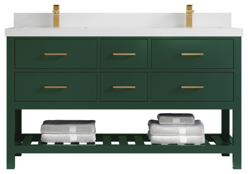 Parker 60 Double Sink Bathroom Vanity in Lafayette Green  2" White Quartz