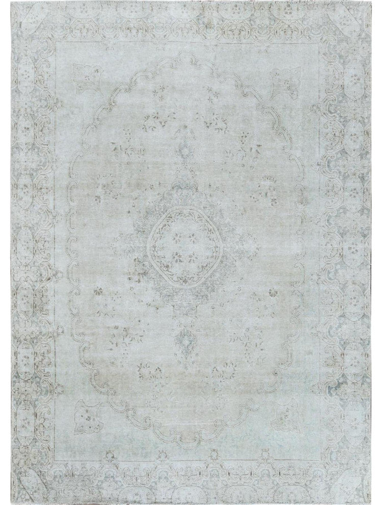 Cropped Thin, Hand Knotted, Ivory, Vintage Persian Kerman, Wool Rug 8'8" x 12'0"