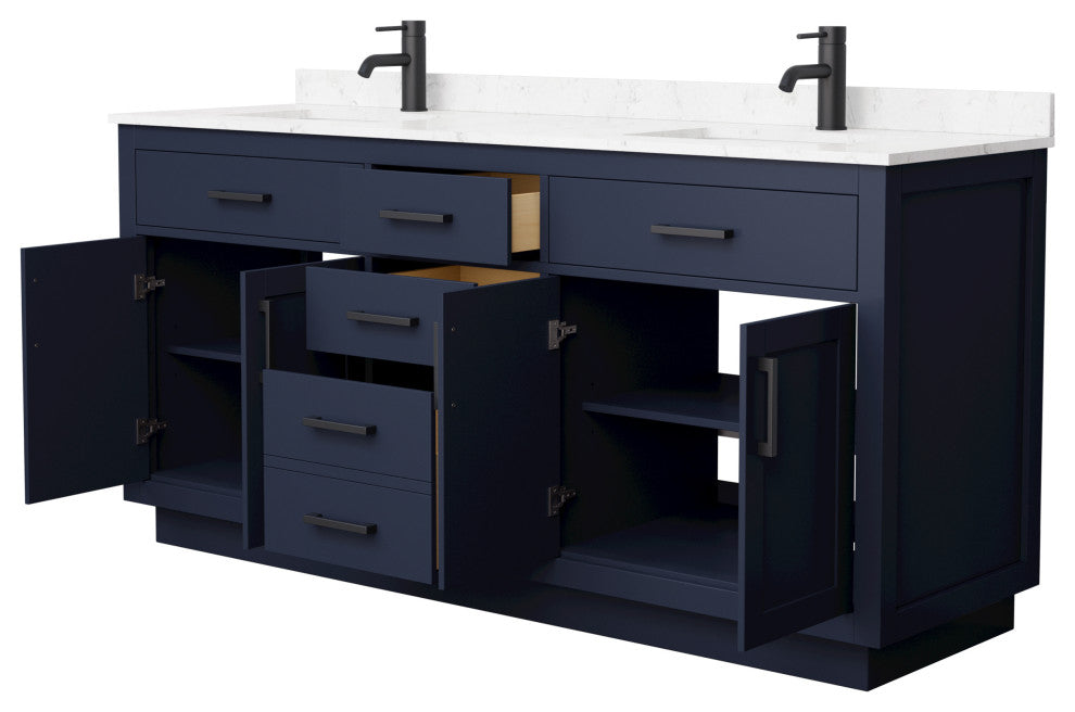 Beckett TK 72" Dark Blue Double Vanity, Cultured Top, Black Trim