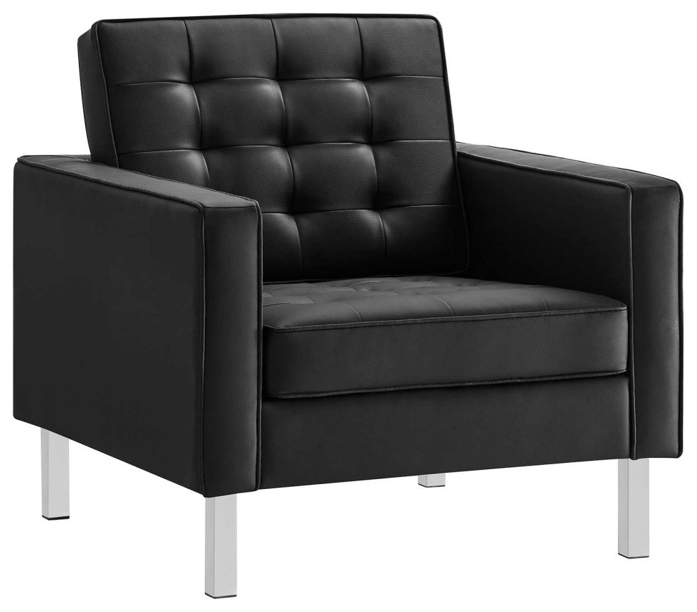 Loft Tufted Vegan Leather Armchair and Ottoman Set, Silver Black