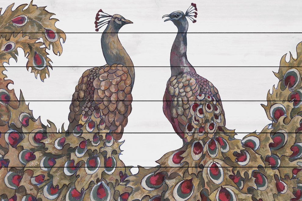 "Peacock Partner I" Painting Print on White Wood, 36"x24"