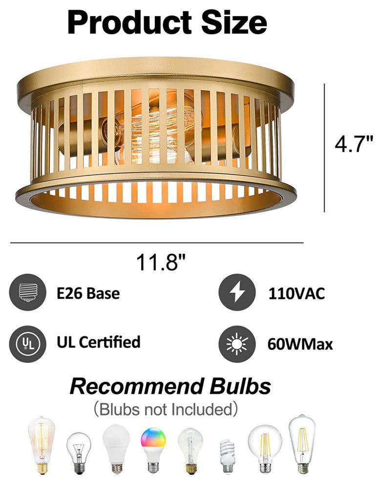 2 Light Gold Flush Mount Ceiling Light Farmhouse Industrial Ceiling Lamp