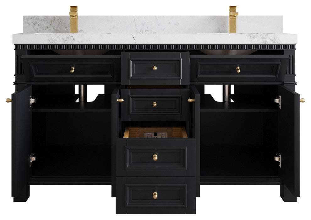 Paris 60" Double Sink Bathroom Vanity, Black 2" Calacatta Nuvo