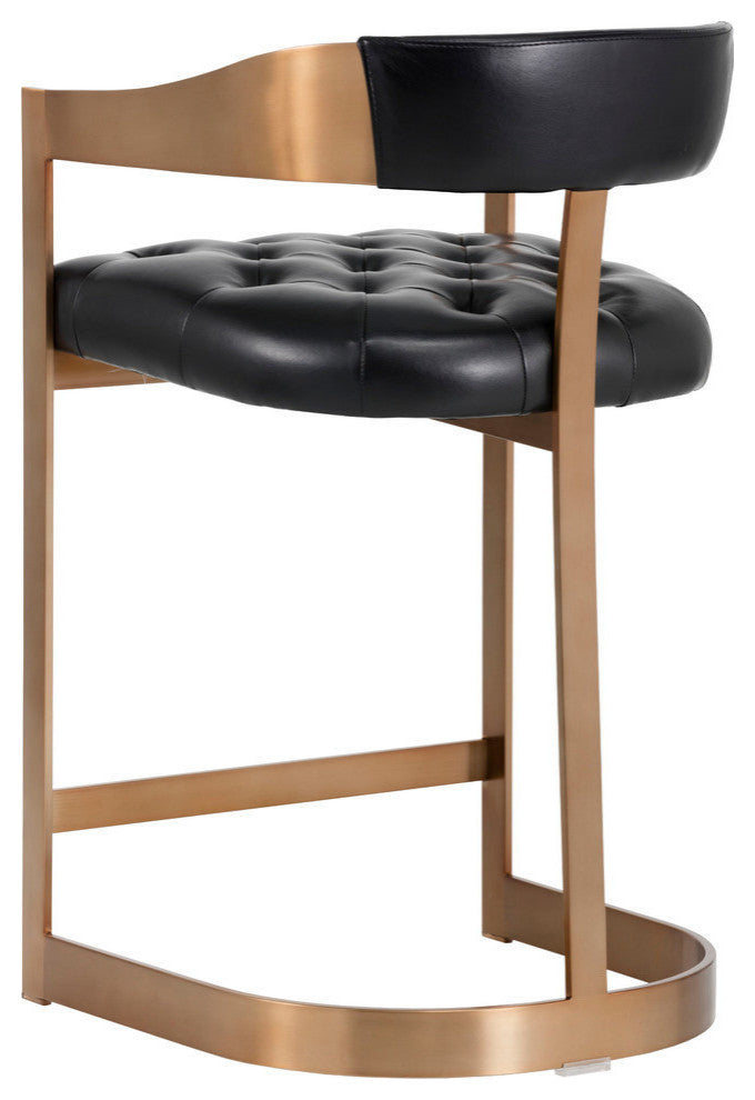 Beaumont Counter Stool, Antique Brass, Black Leather