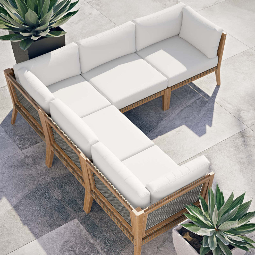 Clearwater Outdoor Patio Teak Wood 5-Piece Sectional Sofa, Gray White