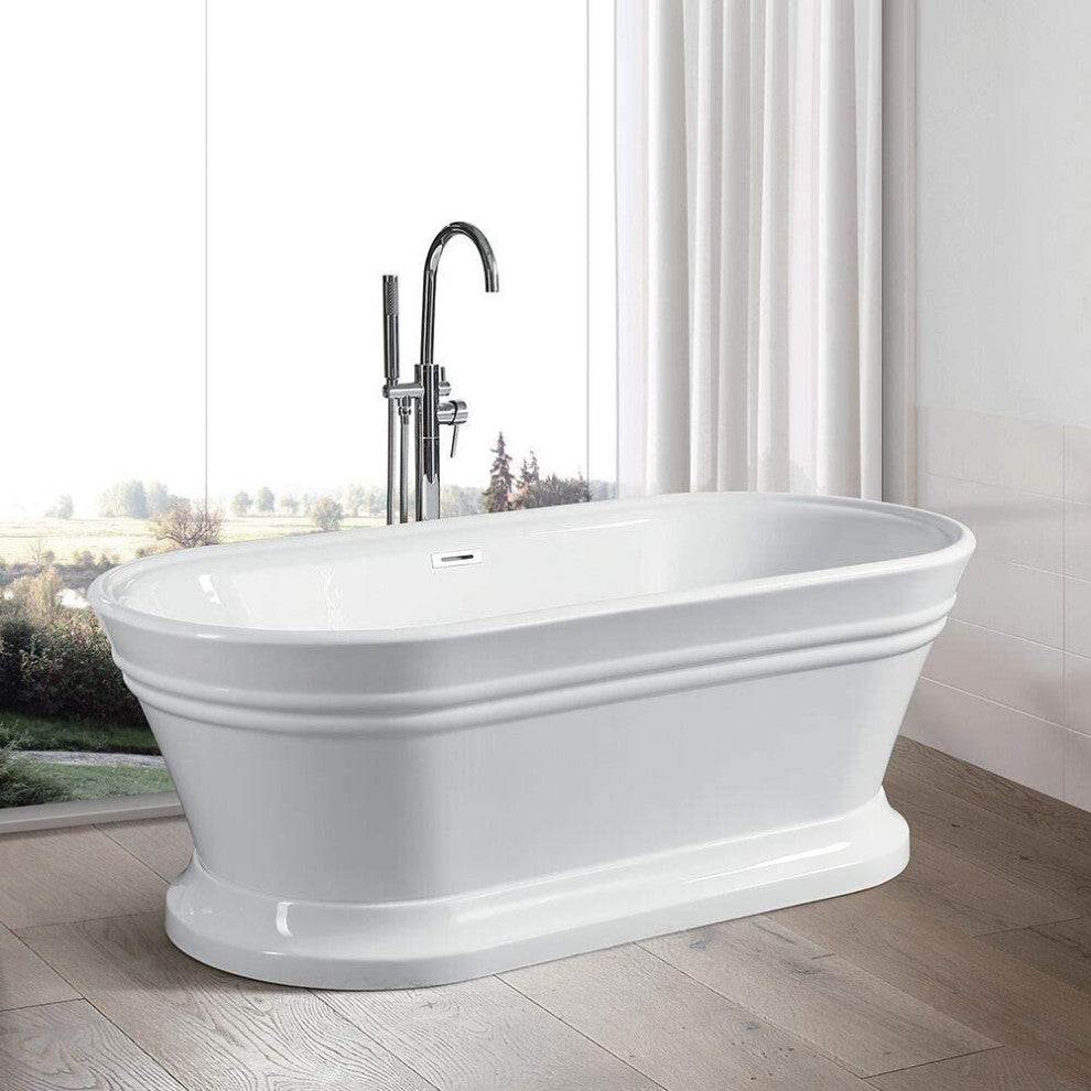 67" Freestanding Acrylic Bathtub, White/Polished Chrome