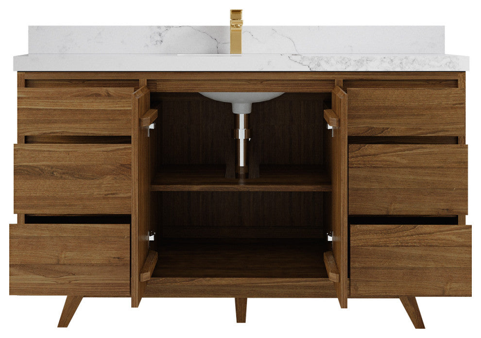 Madison Teak 60 Single Bathroom Vanity in Dark Natural 2" Calacatta Nuvo