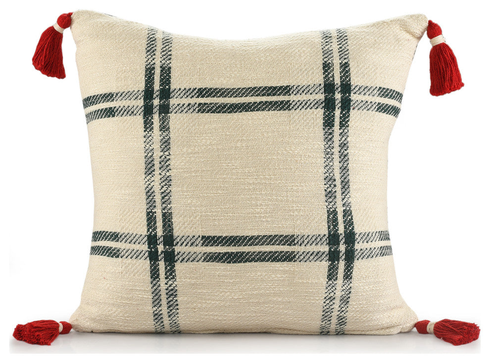Ox Bay Handwoven Cream/Green Plaid Organic Cotton Pillow Cover, 20"x20"